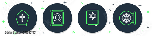 Set line Christian icon, Jewish torah book, Pope hat and Dharma wheel icon. Vector