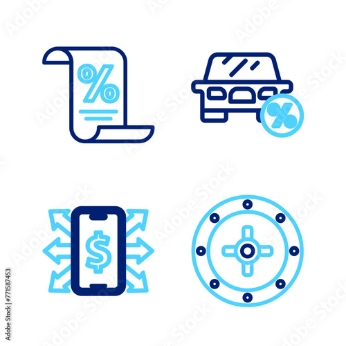 Set line Safe, Smartphone with dollar, Car leasing percent and Finance document icon. Vector