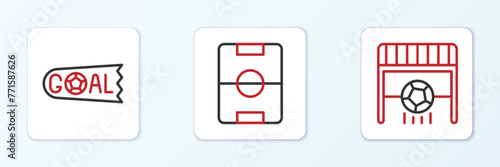 Set line Football goal with ball, Goal soccer football and field icon. Vector