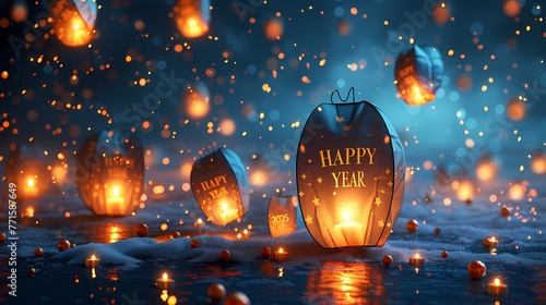 "HAPPY NEW YEAR 2025" spelled out with floating lanterns in the night sky