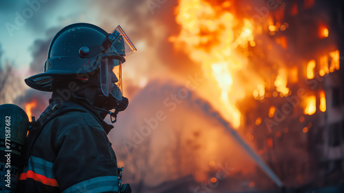 A lone firefighter stands ready before a raging building fire, engulfed in smoke and flames at twilight.

