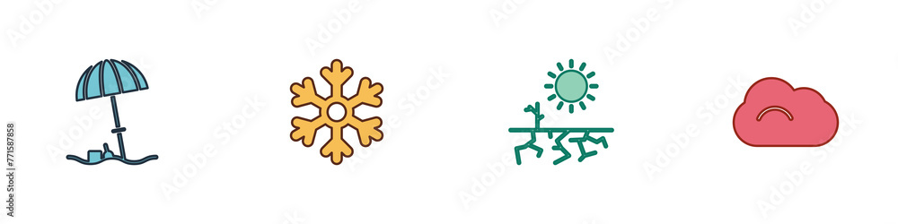 Set Sun protective umbrella for beach, Snowflake, Drought and Cloud icon. Vector Set Sun protective umbrella for beach, Snowflake, Drought and Cloud icon. Vector