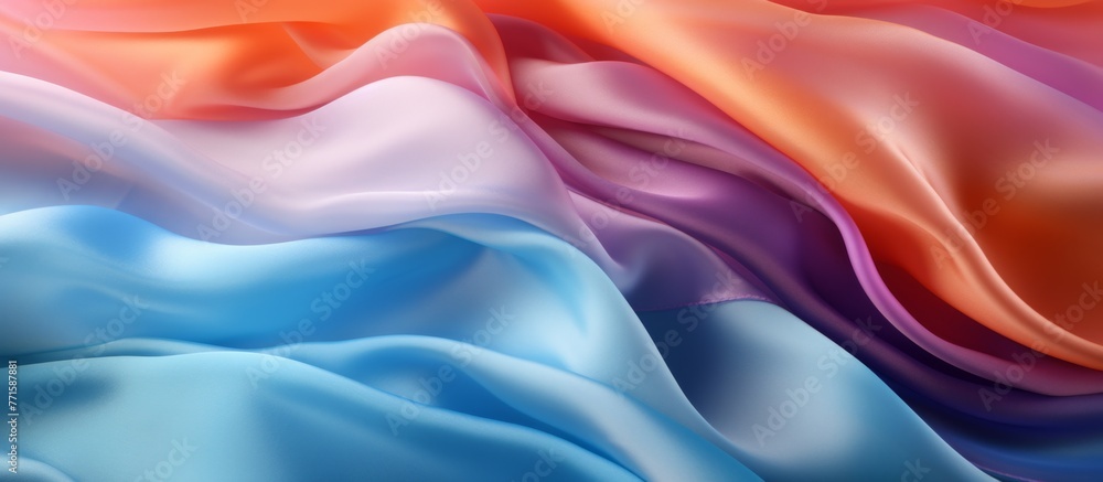 A close up of liquidlike, rainbow colored satin fabric resembling water droplets on petals. The vibrant hues of purple, violet, and electric blue create an artful and silky smokelike gesture A close up of liquidlike, rainbow colored satin fabric resembling water droplets on petals. The vibrant hues of purple, violet, and electric blue create an artful and silky smokelike gesture