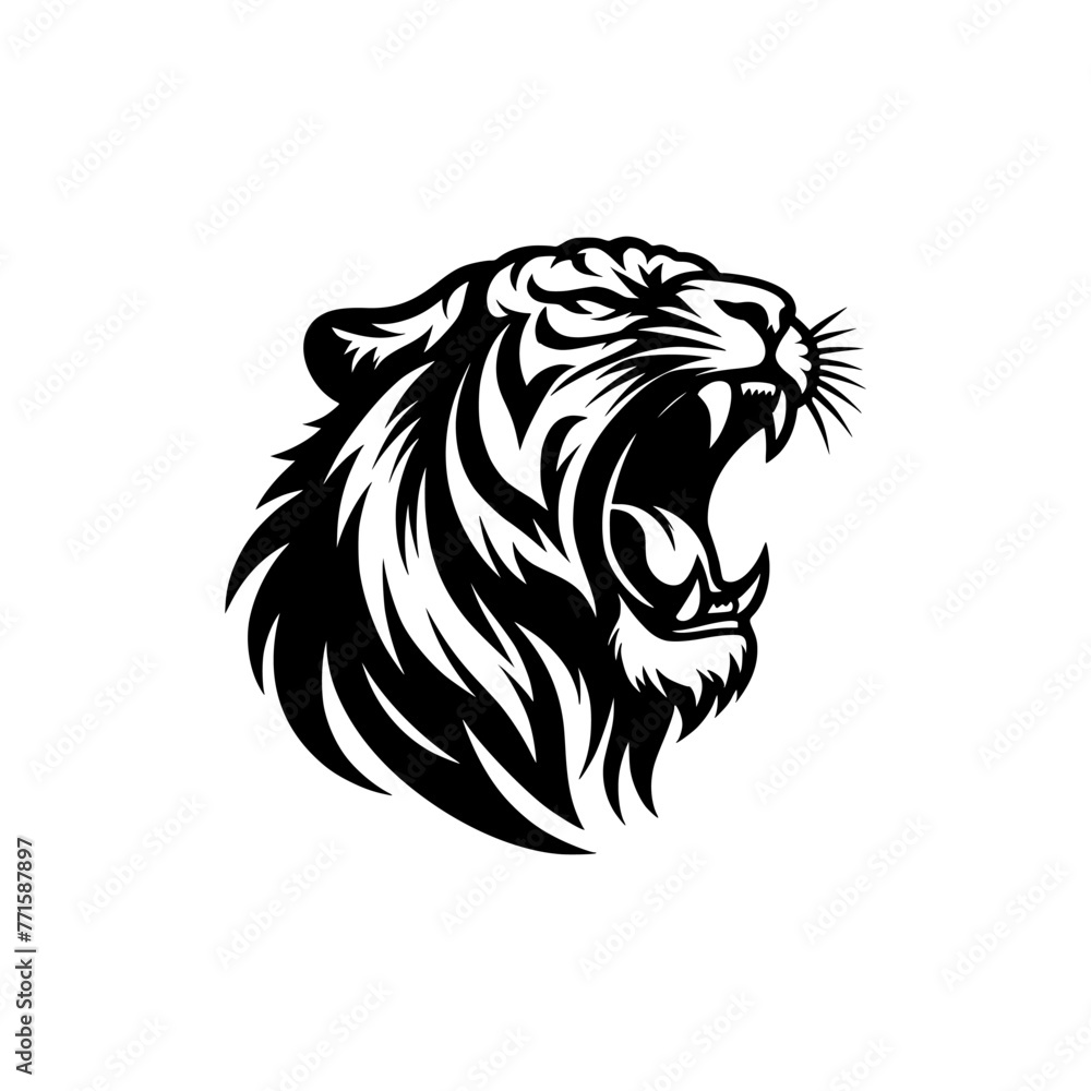 Vector logo of a roaring tiger. black and white illustration of a hissing big cat. Vector logo of a roaring tiger. black and white illustration of a hissing big cat.