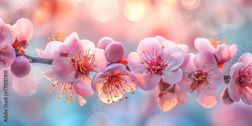 Beautiful Pink Flowers Blooming on Branch with Bokeh Background in Nature s Beauty