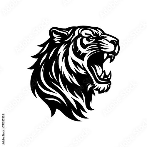 Vector logo of a roaring tiger. black and white illustration of a hissing big cat.