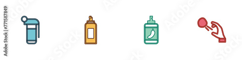 Set Hand grenade, Paint spray can, Pepper and Hooligan shooting stones icon. Vector