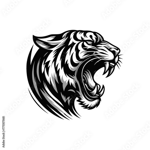 Vector logo of a roaring tiger. black and white illustration of a hissing big cat.