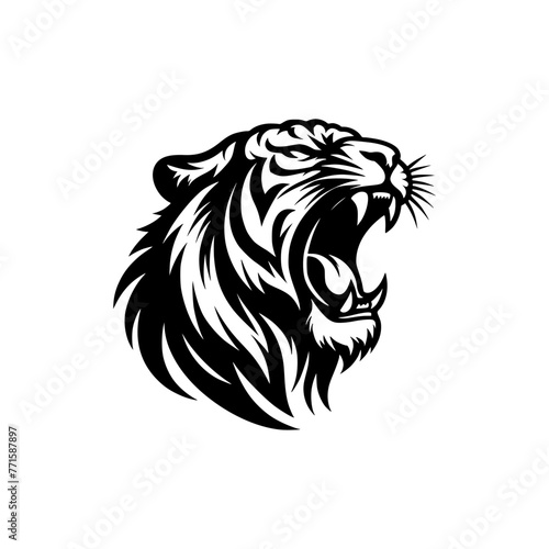 Vector logo of a roaring tiger. black and white illustration of a hissing big cat.