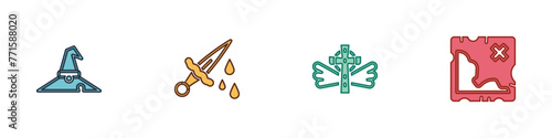Set Witch hat, Sword with blood, Christian cross and Pirate treasure map icon. Vector
