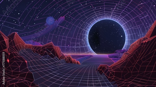 Visualizing the warping of spacetime by a dark dimension gateway on an alien planet, blending physics with cosmic mystery , linear Vector illustration