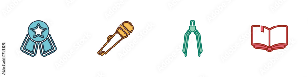 Set Medal with star, Microphone, Drawing compass and Open book icon. Vector Set Medal with star, Microphone, Drawing compass and Open book icon. Vector