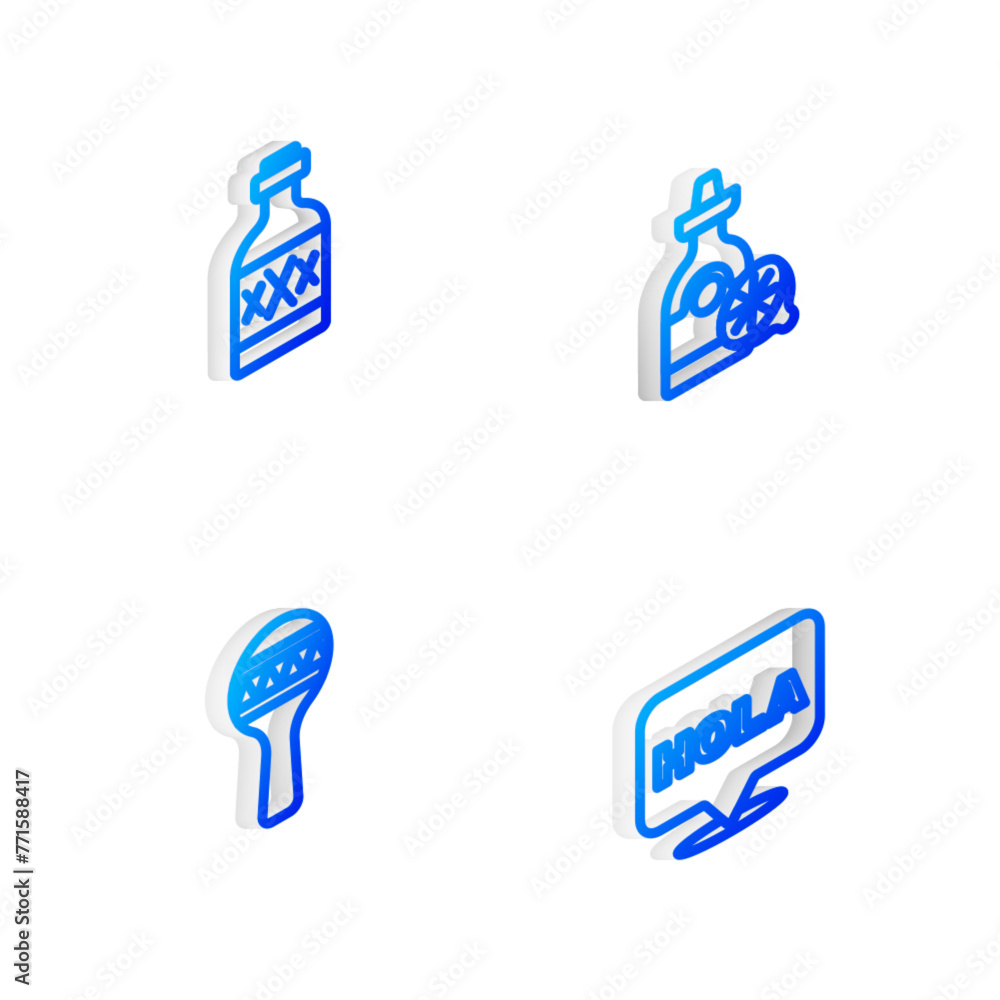 Set Isometric line Tequila bottle with lemon, , Maracas and Hola icon. Vector Set Isometric line Tequila bottle with lemon, , Maracas and Hola icon. Vector
