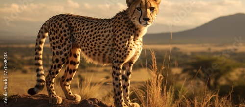 a cheetah is standing on top of a rock in the middle of a field . High quality