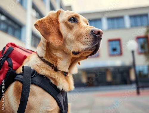 Close-up of a dog with a solid, vibrant backpack, waiting outside a school, blending loyalty with the pursuit of knowledge, high resolution