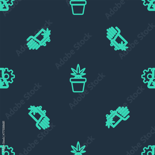 Set line Marijuana plant in pot, Shopping cart with marijuana and Test tube on seamless pattern. Vector