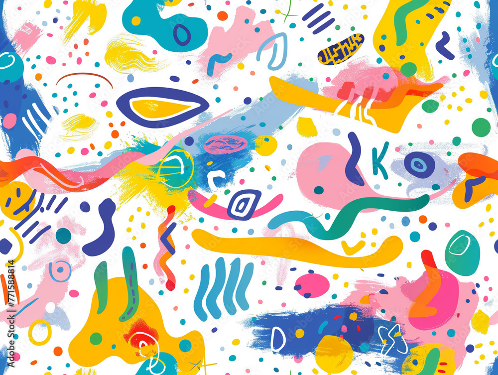 Cute abstract pattern, vibrant splashes of color, whimsical shapes, joyful backdrop