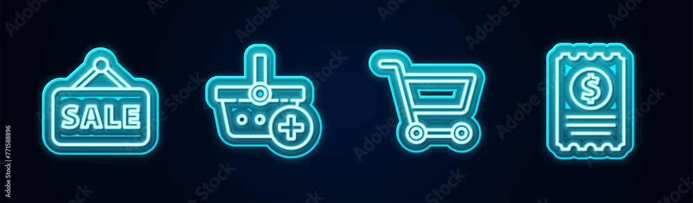 Set line Hanging sign with Sale, Add to Shopping basket, cart and Paper check and financial check. Glowing neon icon. Vector Set line Hanging sign with Sale, Add to Shopping basket, cart and Paper check and financial check. Glowing neon icon. Vector