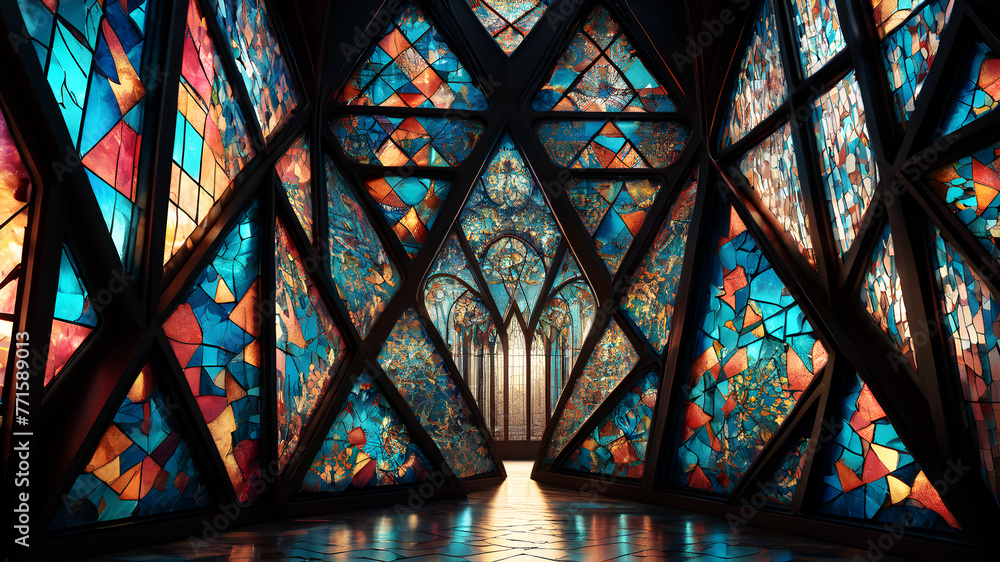 Fashion an abstract background reminiscent of stained glass windows, with triangles forming intricate patterns Fashion an abstract background reminiscent of stained glass windows, with triangles forming intricate patterns