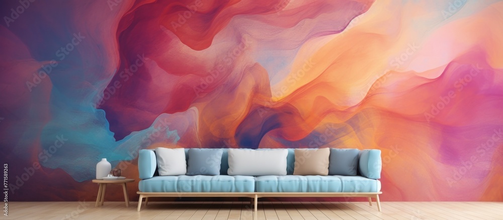 A house with a cozy living room featuring a couch, colorful wall mural, picture frames, art, and musical instruments. The vibrant magenta and electric blue accents complement the hardwood flooring - obrazy, fototapety, plakaty 