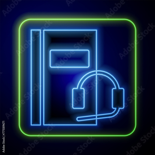 Glowing neon Audio book icon isolated on blue background. Book with headphones. Audio guide sign. Online learning concept. Vector Illustration