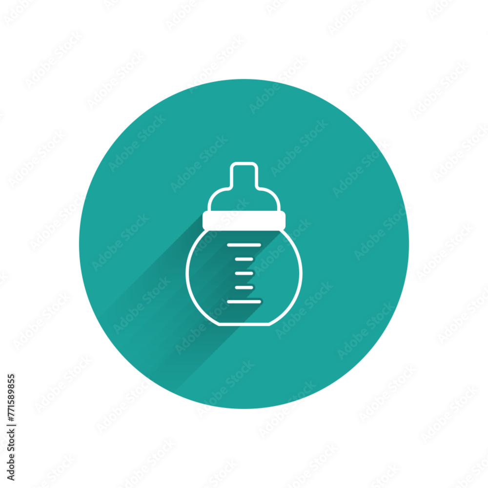 White Baby milk in a bottle icon isolated with long shadow. Feeding bottle icon. Green circle button. Vector White Baby milk in a bottle icon isolated with long shadow. Feeding bottle icon. Green circle button. Vector