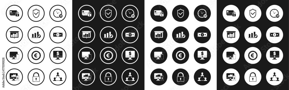 Set Clock 24 hours, schedule, chart, diagram, infographic, pie graph, board, Credit card, Stacks paper money cash, Shield check mark, Computer monitor dollar symbol and and mobile phone icon. Vector Set Clock 24 hours, schedule, chart, diagram, infographic, pie graph, board, Credit card, Stacks paper money cash, Shield check mark, Computer monitor dollar symbol and and mobile phone icon. Vector
