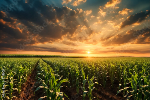 Paisagem encantadora de uma plantação de milho ao entardecer, lindo pôr do sol com o céu adornado por nuvens intensas photo