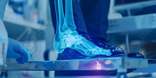 Diagnosing Gout: Doctor Examining X-Ray of Swollen Ankle Joint for Treatment of Inflamed Foot Joint with Uric Acid Crystals. Concept Gout Diagnosis, Doctor Examination, X-Ray Imaging photo