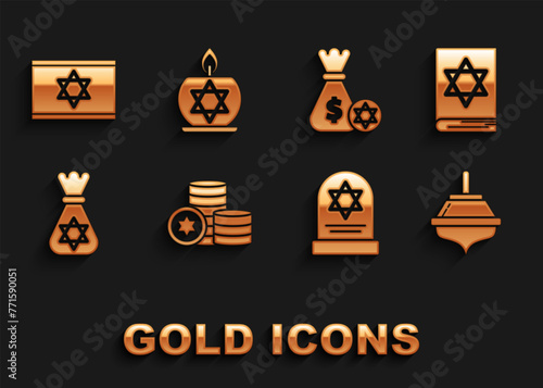 Set Jewish coin, torah book, Hanukkah dreidel, Tombstone with star of david, money bag, and, Flag Israel and Burning candle candlestick icon. Vector