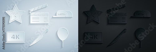 Set Knife, Cap with inscription director, Laptop screen 4k video technology, Balloon ribbon, Movie clapper and Hollywood walk of fame star celebrity boulevard icon. Vector