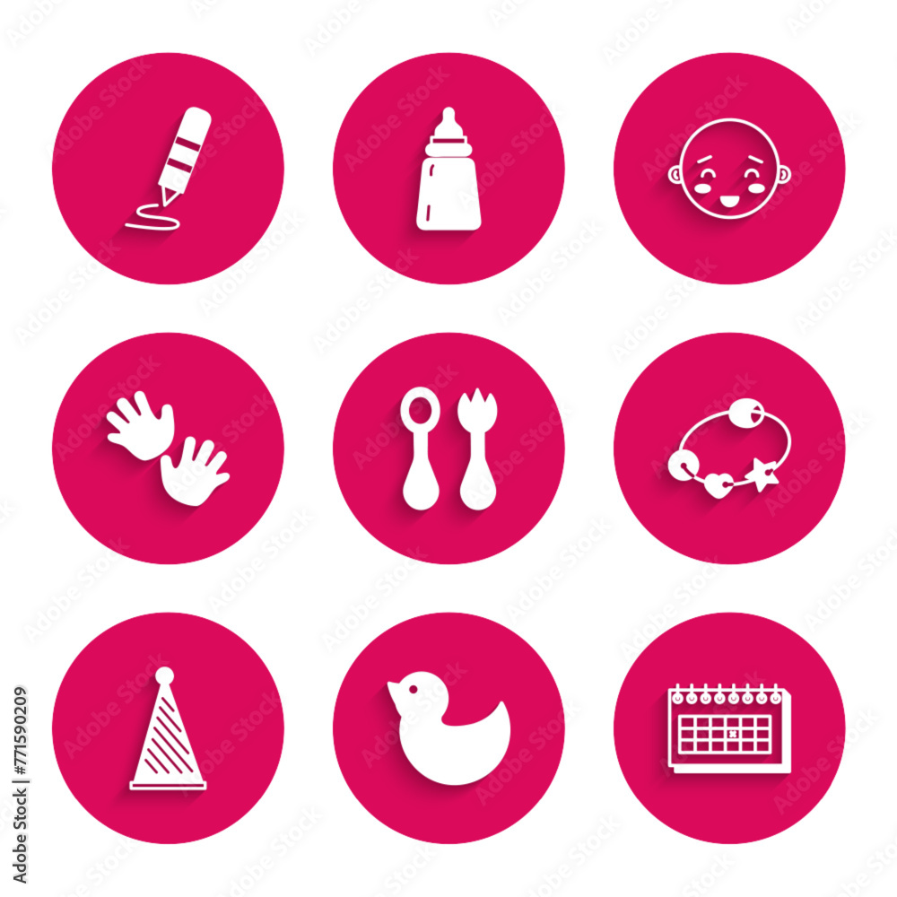 Set Baby cutlery with fork and spoon, Rubber duck, Calendar, Rattle baby toy, Party hat, hands print, Happy little boy head and Wax crayon drawing icon. Vector Set Baby cutlery with fork and spoon, Rubber duck, Calendar, Rattle baby toy, Party hat, hands print, Happy little boy head and Wax crayon drawing icon. Vector