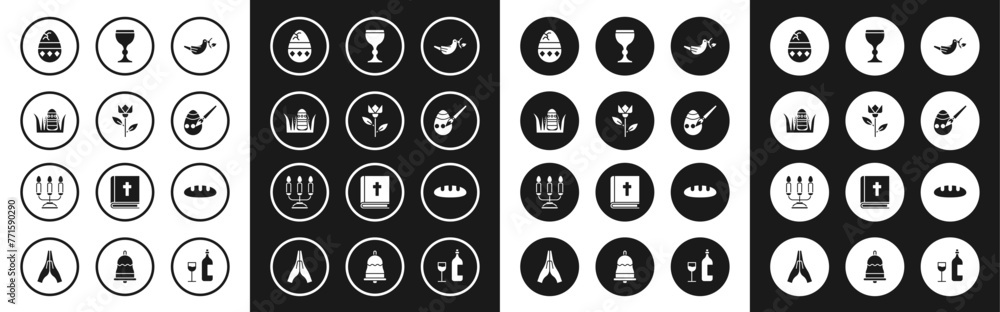 Set Peace dove with olive branch, Flower tulip, Easter egg, Cracked, and paint brush, Wine glass, Bread loaf and Candelabrum candlesticks icon. Vector Set Peace dove with olive branch, Flower tulip, Easter egg, Cracked, and paint brush, Wine glass, Bread loaf and Candelabrum candlesticks icon. Vector