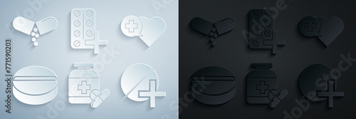 Set Medicine bottle and pills, Heart with cross, or tablet, Pills blister pack and icon. Vector
