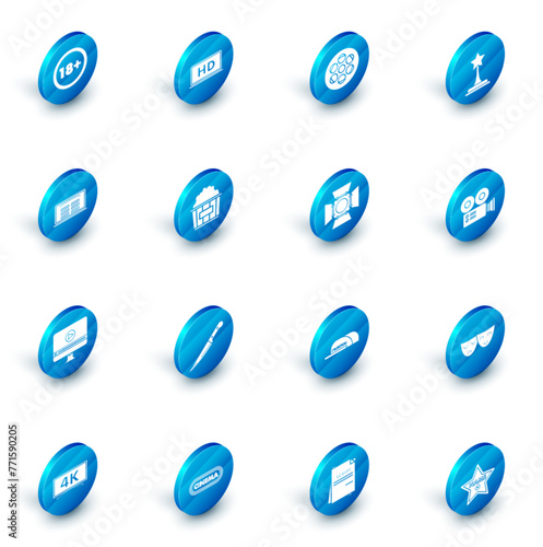 Set Laptop screen with HD video technology, Film reel, Movie trophy, Buy cinema ticket online, Online play, Popcorn cardboard box, Cinema camera and spotlight icon. Vector