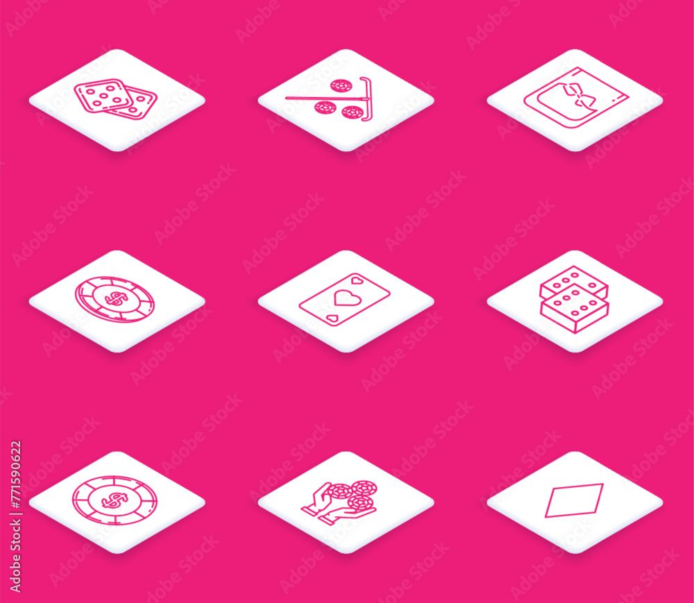 Set line Game dice, Stick for chips, Glass of whiskey and cubes, Casino with dollar symbol, Playing card heart, and Hand holding casino icon. Vector Set line Game dice, Stick for chips, Glass of whiskey and cubes, Casino with dollar symbol, Playing card heart, and Hand holding casino icon. Vector