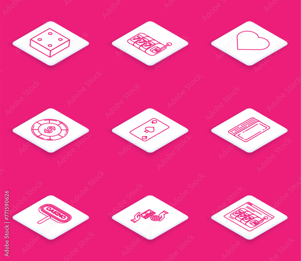 Set line Game dice, Slot machine with lucky sevens jackpot, Playing card heart symbol, Casino chip dollar, spades, Deck of playing cards, signboard and chips exchange on stacks dollars icon. Vector Set line Game dice, Slot machine with lucky sevens jackpot, Playing card heart symbol, Casino chip dollar, spades, Deck of playing cards, signboard and chips exchange on stacks dollars icon. Vector
