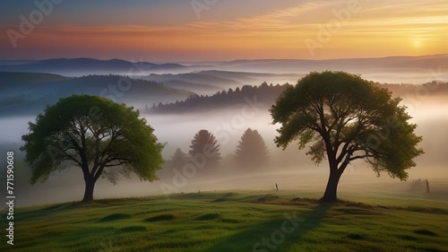 wonderful morning summer view, spectacular sunrise slope with tree on background foggy valley, splendid dawn nature landscape Generative AI