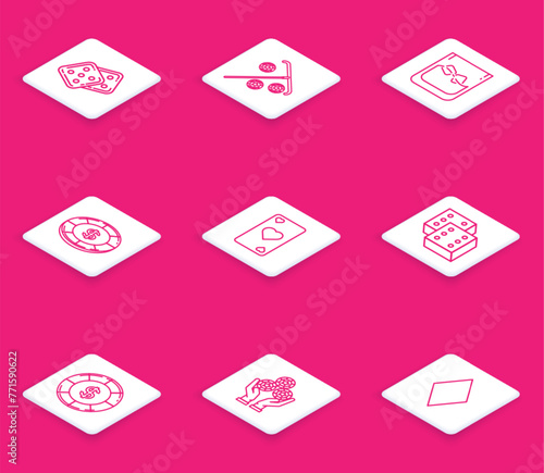 Set line Game dice, Stick for chips, Glass of whiskey and cubes, Casino with dollar symbol, Playing card heart, and Hand holding casino icon. Vector
