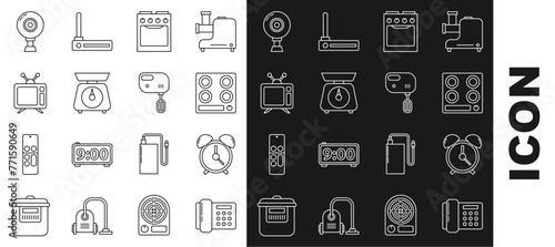 Set line Telephone, Alarm clock, Gas stove, Oven, Scales, Television, Web camera and Electric mixer icon. Vector