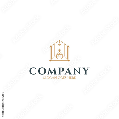 Home interior logo design with luxury line art style in gold color.