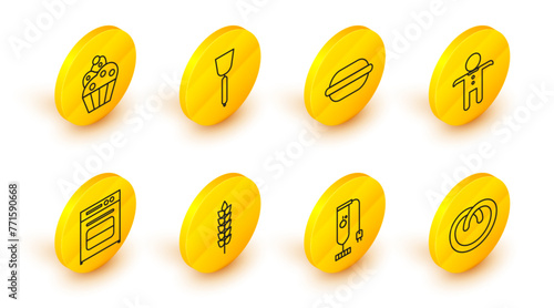 Set line Pretzel, Blender, Cereals with rice, wheat, corn, oats, rye, Oven, Holiday gingerbread man cookie, Macaron, Spatula and Cupcake icon. Vector