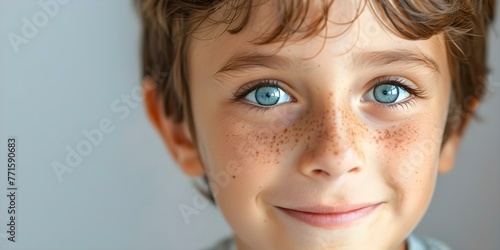 Closeup portrait of a smiling boy with a swollen eye from an insect bite showing signs of allergic reaction. Concept Child Allergy Reaction, Swollen Eye, Insect Bite, Facial Swelling