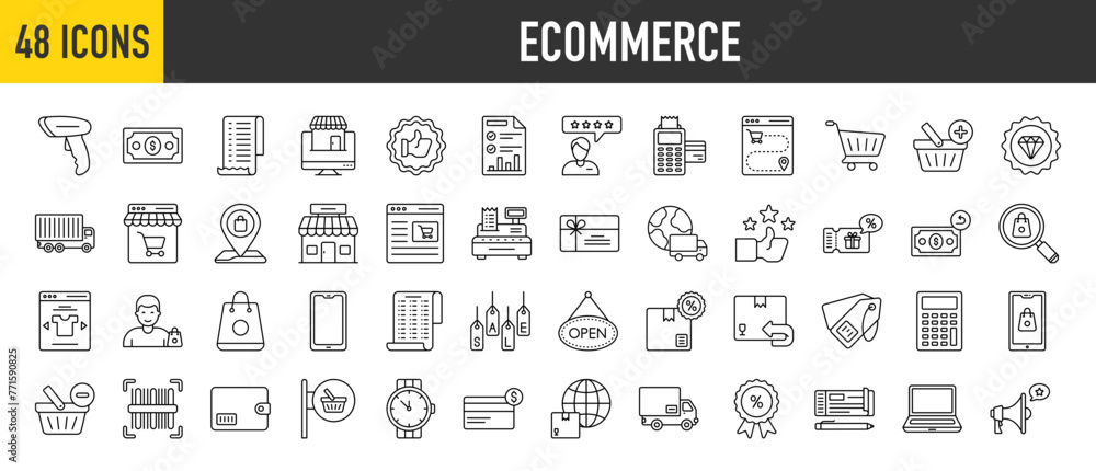 48 Ecommerce icons set. Containing Barcode Scanner, Dollar Note, Sale Report, Receipt, Customer Review, Order Tracking, Shopping Cart and Cargo Truck more vector illustration collection.