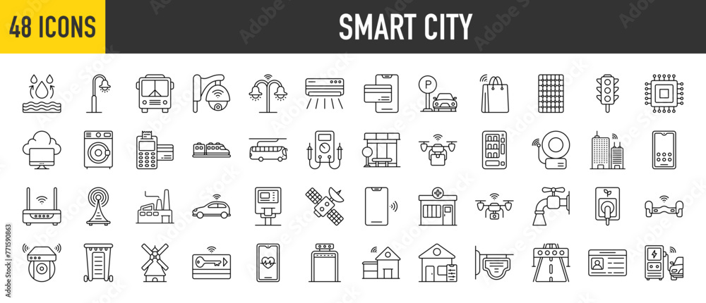 48 Smart City icons set. Containing Management, Street Lamp, Public Transport, Cctv Camera, Cashless Payment, Parking Area, Climatization and Smart Lighting more vector illustration collection. 48 Smart City icons set. Containing Management, Street Lamp, Public Transport, Cctv Camera, Cashless Payment, Parking Area, Climatization and Smart Lighting more vector illustration collection.