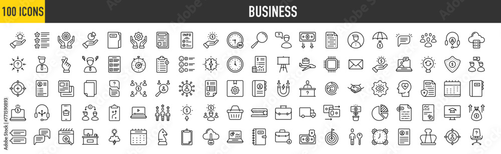 100 Business icons set. Containing Loyal Customer, Features, Benefit, Contribution, File Folder, Management Service, Article, Working Hours and Loan  more vector illustration collection.