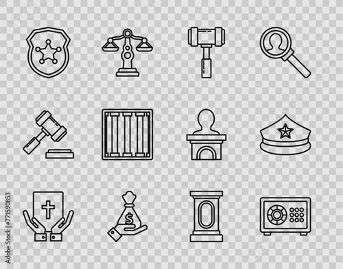 Set line Oath on the Holy Bible, Safe, Judge gavel, Hand holding money bag, Police badge, Prison window, Stage stand or debate podium rostrum and cap with cockade icon. Vector