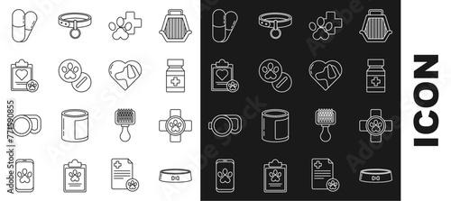 Set line Pet food bowl, Veterinary clinic symbol, Dog medicine bottle and pills, Clipboard with medical clinical record pet, and Heart dog icon. Vector