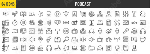 84 Podcast icons set. Containing Follow, Broadcast, Storybook, Chapter, Earbuds, Music Note, Studio, Audio File, Notification, Signal Tower, Download and Repeat more vector illustration collection.