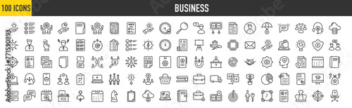 100 Business icons set. Containing Loyal Customer, Features, Benefit, Contribution, File Folder, Management Service, Article, Working Hours and Loan more vector illustration collection.